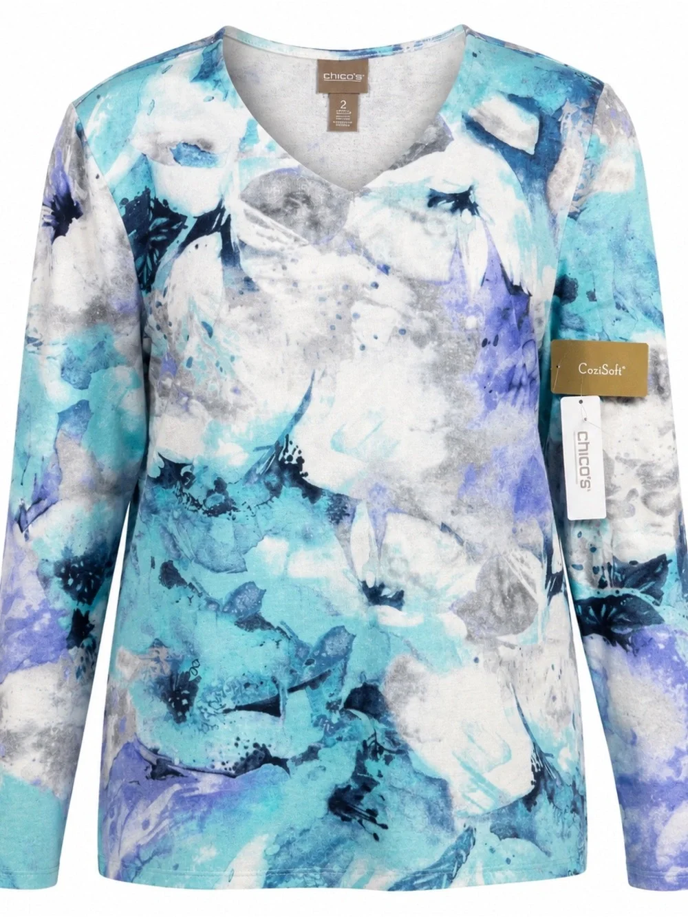 NWT Chicos Women’s CoziSoft Size 2 Large V-Neck Floral Abstract Blue Purple Top - Picture 1 of 14